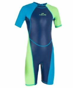 NABAIJI BOYS' SWIMMING SHORTY SUIT KLOUPI 100 BLUE/Cyan/Fluo lime