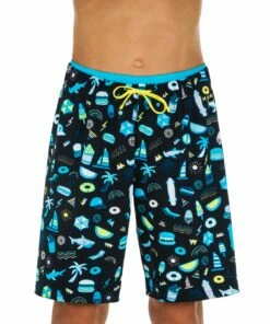 NABAIJI BOYS' SWIMMING SWIM SHORTS 100 BLACK/Turquoise blue