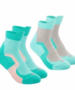 QUECHUA Kids Mid-Length Mountain Walking Socks 2 Pairs Crossocks Turquoise green/Caribbean blue/Fluo peach