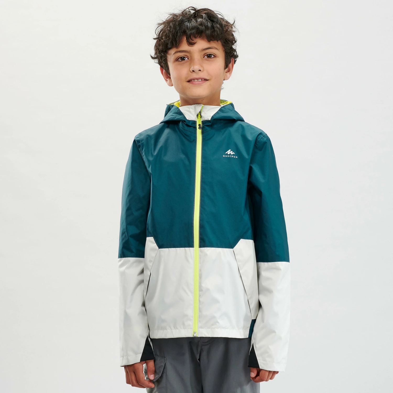 QUECHUA Kids Waterproof Hiking Jacket Dark petrol blue/Putty 2 QUECHUA Kids Waterproof Hiking Jacket Dark petrol blue/Putty - Image 2