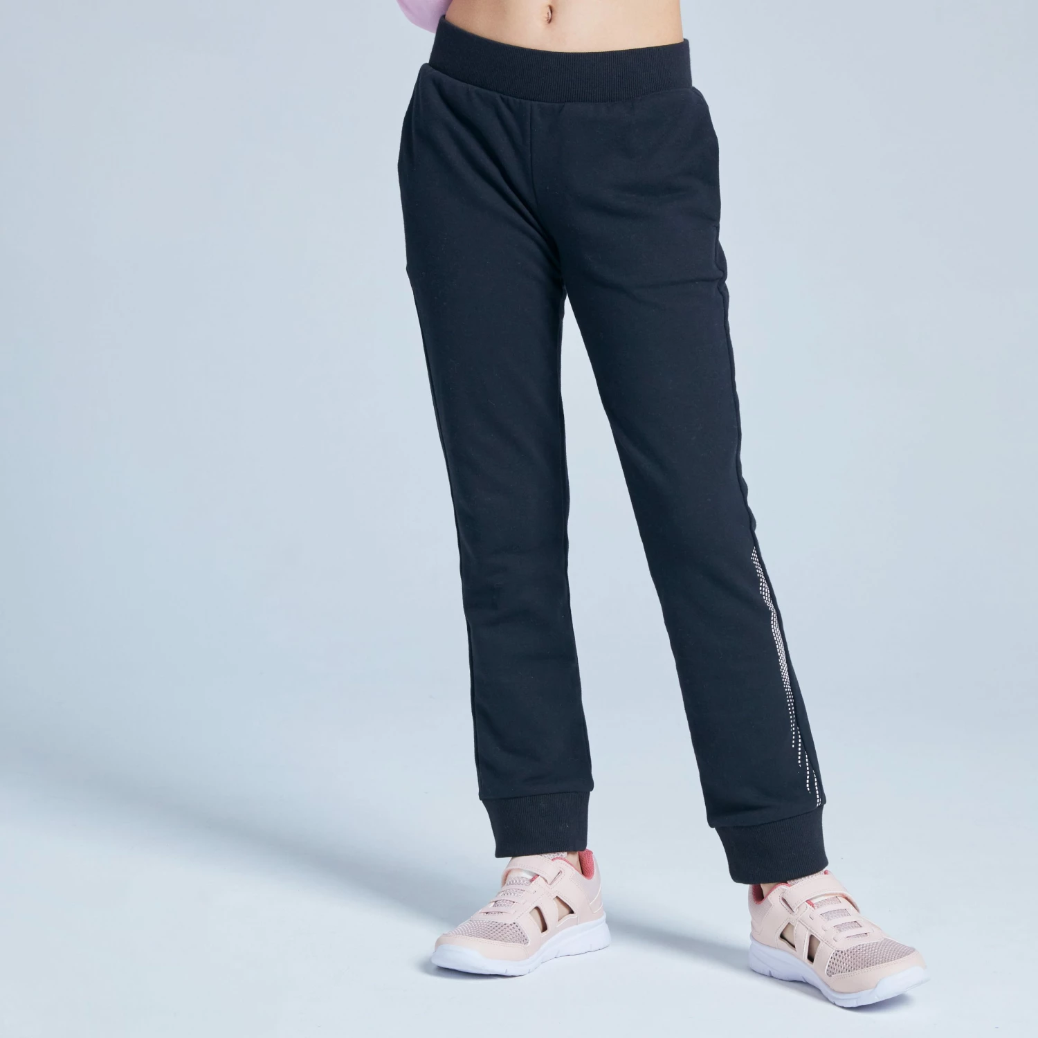 DOMYOS Girls' Warm French Terry Jogging Bottoms 100 BLACK/Snow white 2 DOMYOS Girls' Warm French Terry Jogging Bottoms 100 BLACK/Snow white - Image 2