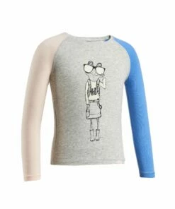 QUECHUA Kids' ANTI-UV hiking long sleeve t-shirt LIGHT GREY/PINK