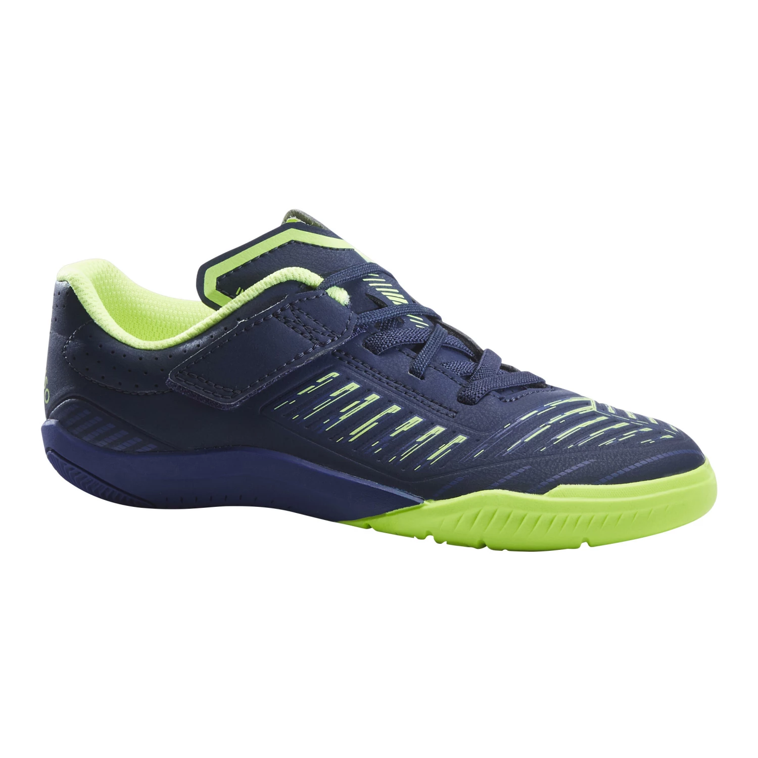 KIPSTA Kids' Futsal Shoes Ginka 500 Navy blue/Midnight indigo/Fluo lime yellow 1 KIPSTA Kids' Futsal Shoes Ginka 500 Navy blue/Midnight indigo/Fluo lime yellow