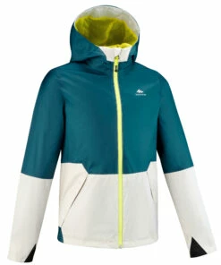 QUECHUA Kids Waterproof Hiking Jacket Dark petrol blue/Putty