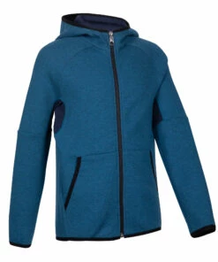 DOMYOS 500 Boys' Warm Breathable Cotton Hooded Gym Jacket BLUE/Navy blue/BLACK