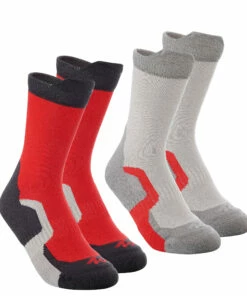 QUECHUA 2 pairs of children's mountain walking socks, high upper, crossocks Cherry red