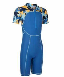 Artengo Kids Online Store 24 NABAIJI Blue print baby's short-sleeved shorty swimsuit BLUE/YELLOW