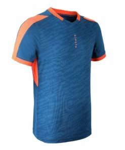 KIPSTA Kids' Short-Sleeved Football Shirt F520 Petrol blue/Fluo blood orange