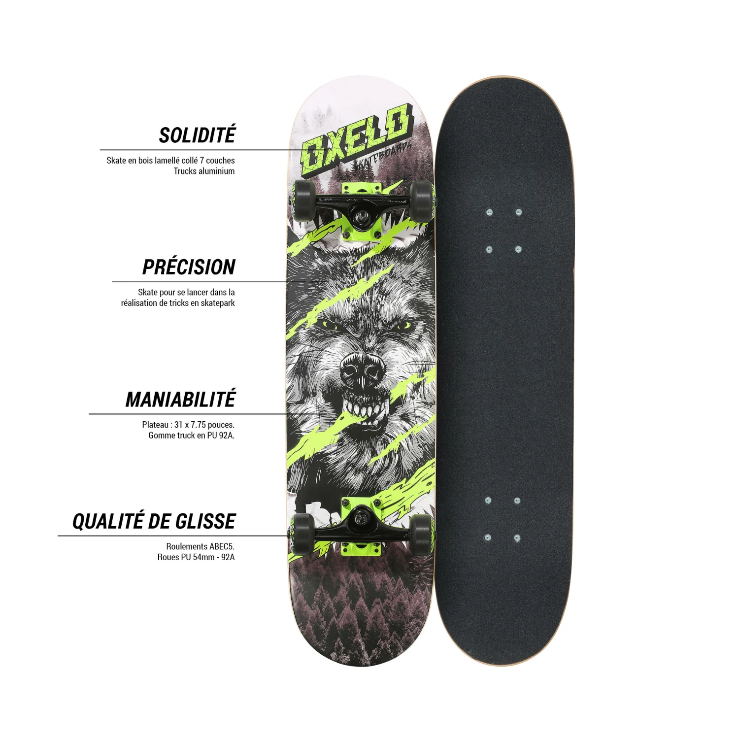 OXELO Kids' 8-12 Years Skateboard Mid 500 Wolf BLACK/Snow white 7 OXELO Kids' 8-12 Years Skateboard Mid 500 Wolf BLACK/Snow white - Image 7